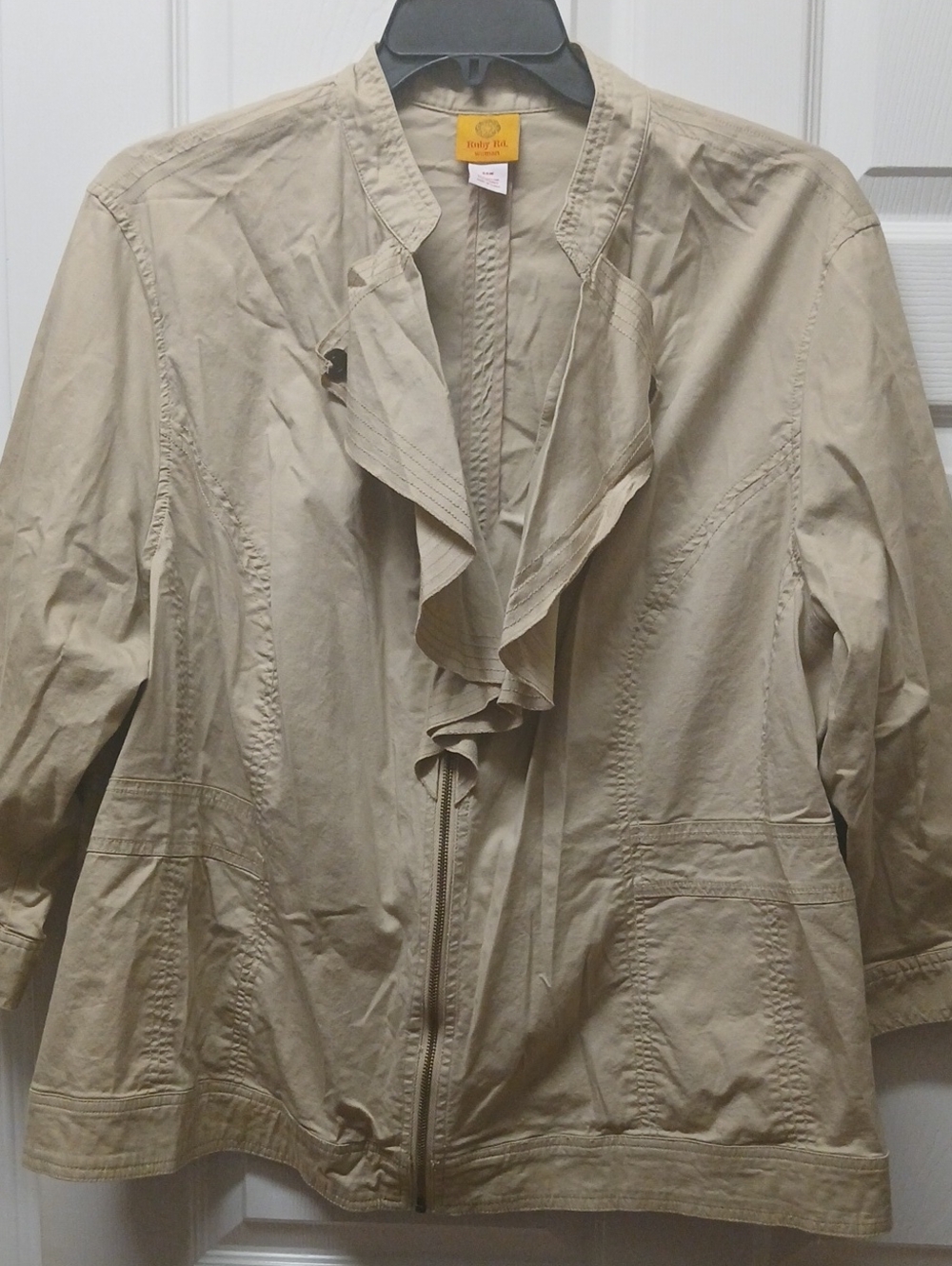 Ruby Rd. Tan Ruffle-Front Trench Jacket